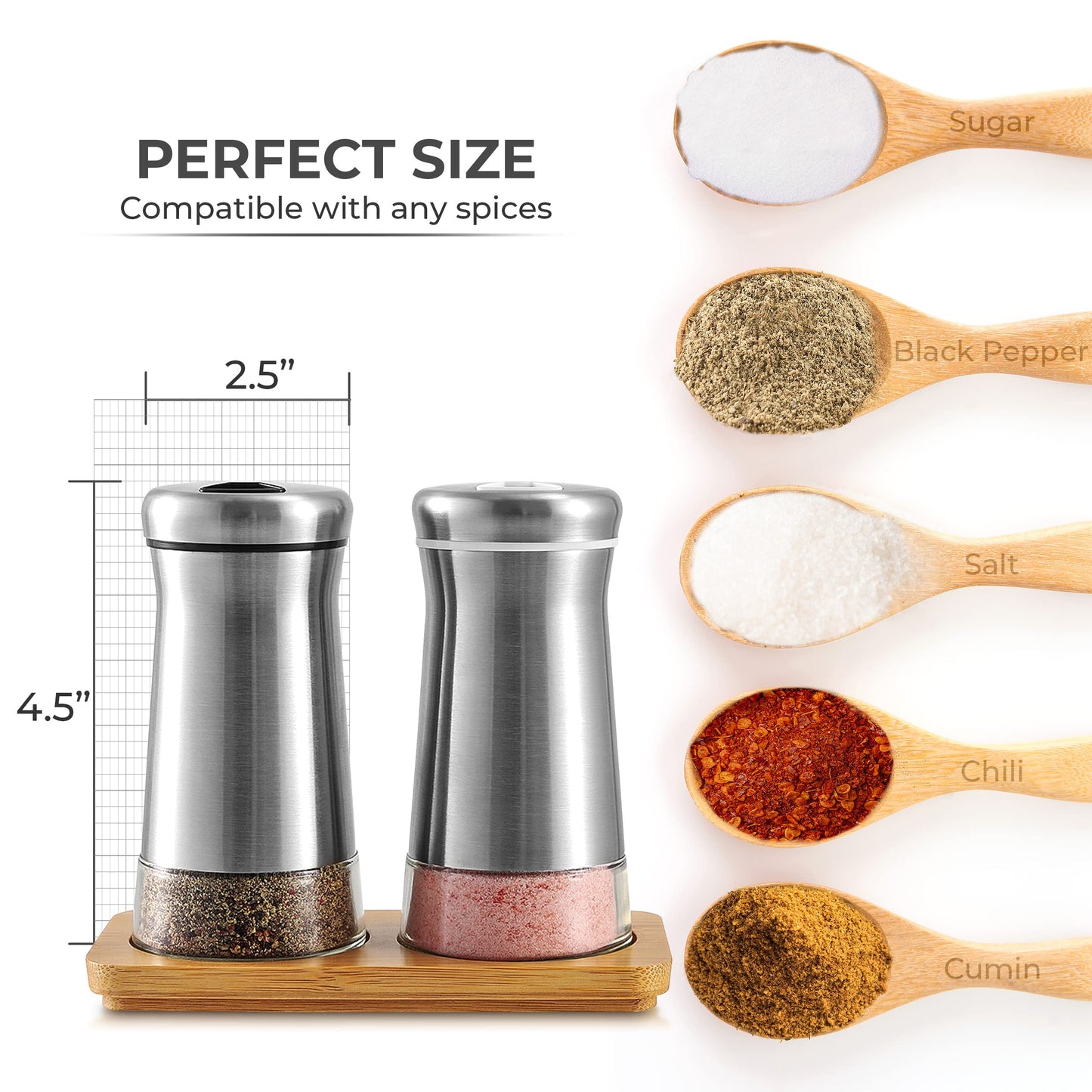 Salt and Pepper Shakers set with Adjustable Pour Holes - Elegant Stainless Steel Spice Dispenser - Perfect for Himalayan, Table Salt, White and Black Pepper (Salt & Pepper Shakers Set + Bamboo Stand)