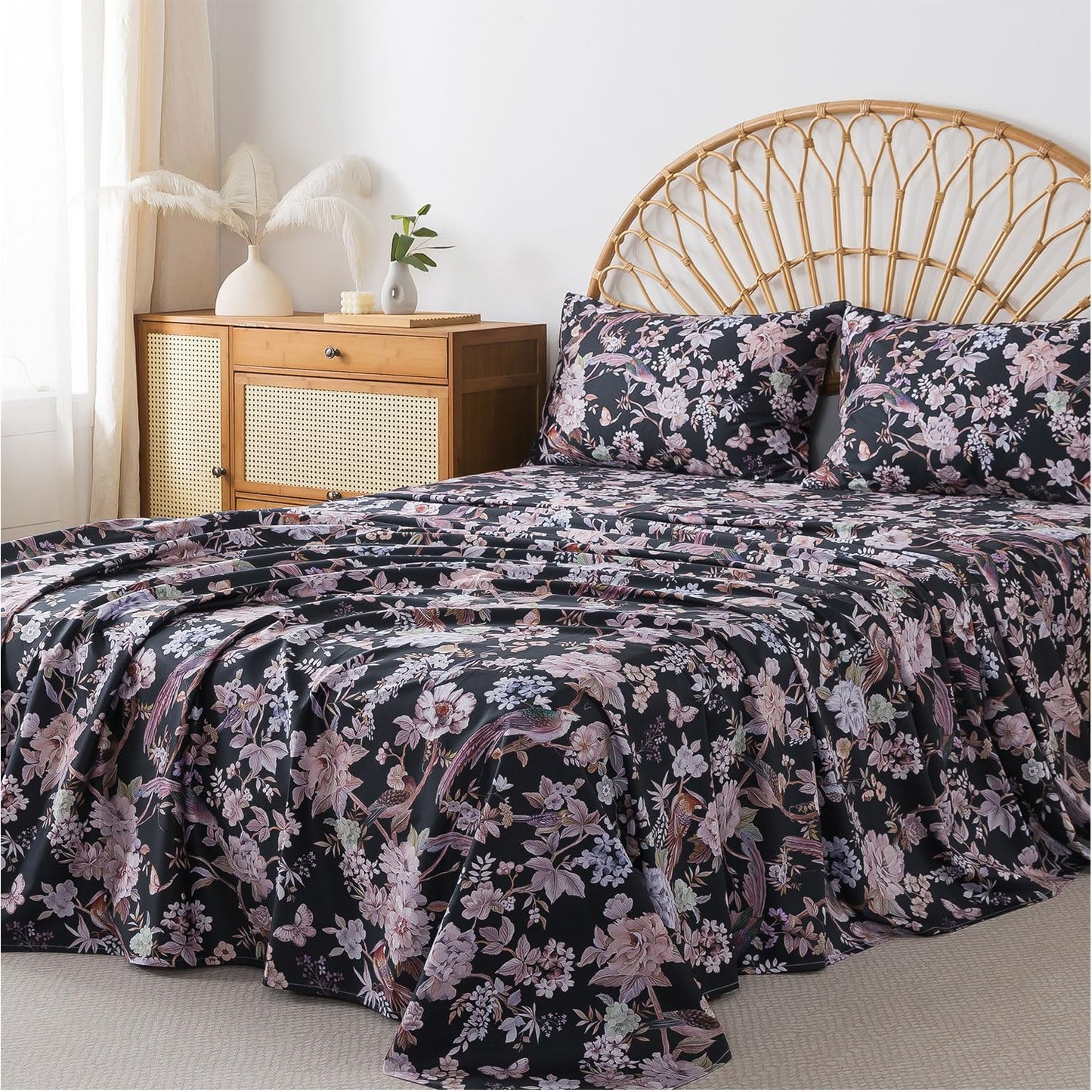 FADFAY Queen Sheet Set,4-Piece Long-Staple Cotton, Vintage Black Floral & Bird Print Bedding, Deep Pocket Fitted Sheet, Soft & Breathable for All Seasons