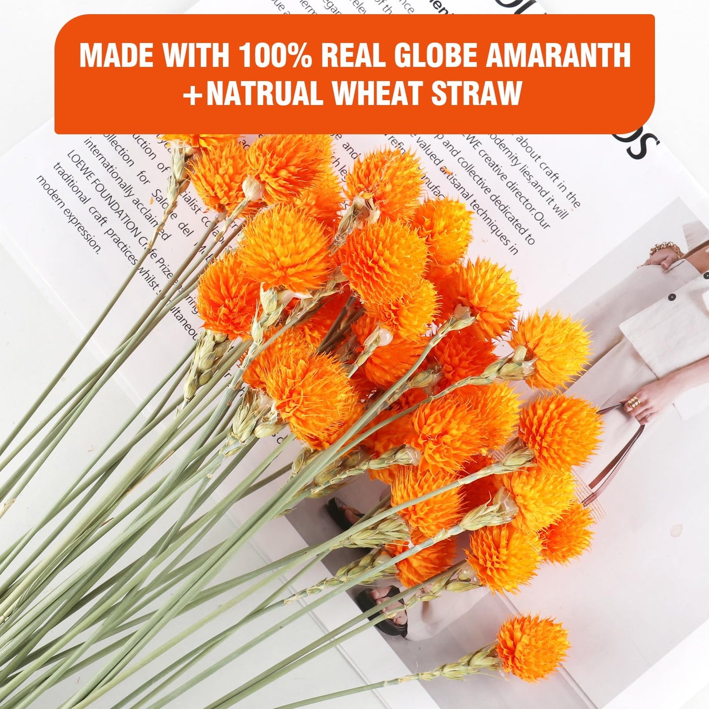 MIHUAGE Dried Globe Amaranth Flower with Wheat Straw Natural - 40PCS Bouquet for Vase Home Decor Party DIY Arrangement (Orange)