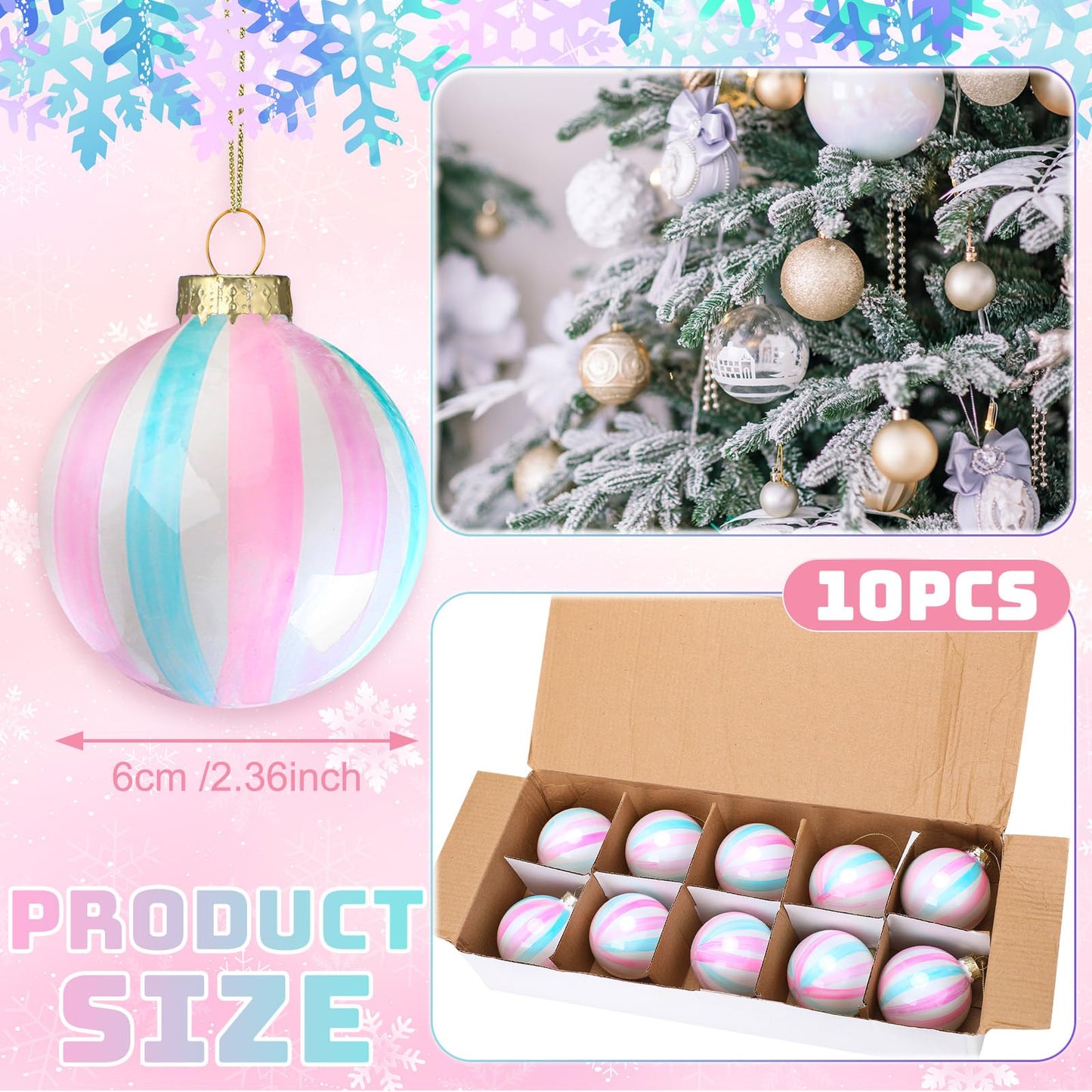 Jenaai 10 Pcs Easter Pastel Ball Ornaments 2.36 Inch Iridescent Glass Hanging Ball Decor Easter Pink Blue Striped Pendant for Christmas Tree Fireplace Window Weddings Birthday Holiday Party
