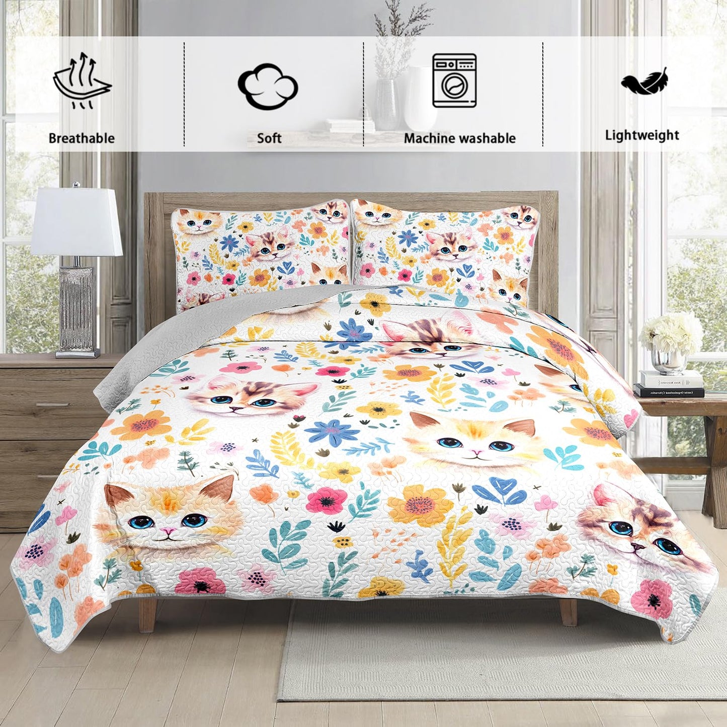 UEVBF Kawaii Cat Quilt Set,Orange Cat Flowers Pattern Bed Set for Toddler Kids Girls Room Decor,Cute Bedding Queen Quilted Sets with 2 Pillowcases.