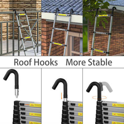 Telescopic Ladder 3.2M/10.5FT Aluminium Extension Loft Ladder with Stabilizer Bar and Detachable Hooks, Multi Purpose Extendable Portable Folding Ladders, 11 Steps, EN131