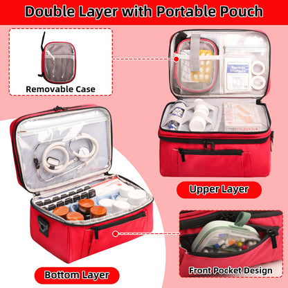 Tesuko Medicine Bag for Traveling with Portable Small Pouch, Double Layer Pill Bottle Organizer Storage Case with Lockable Zippers, Carrying Medication Travel Case with Shoulder Strap (Bag ONLY), Red