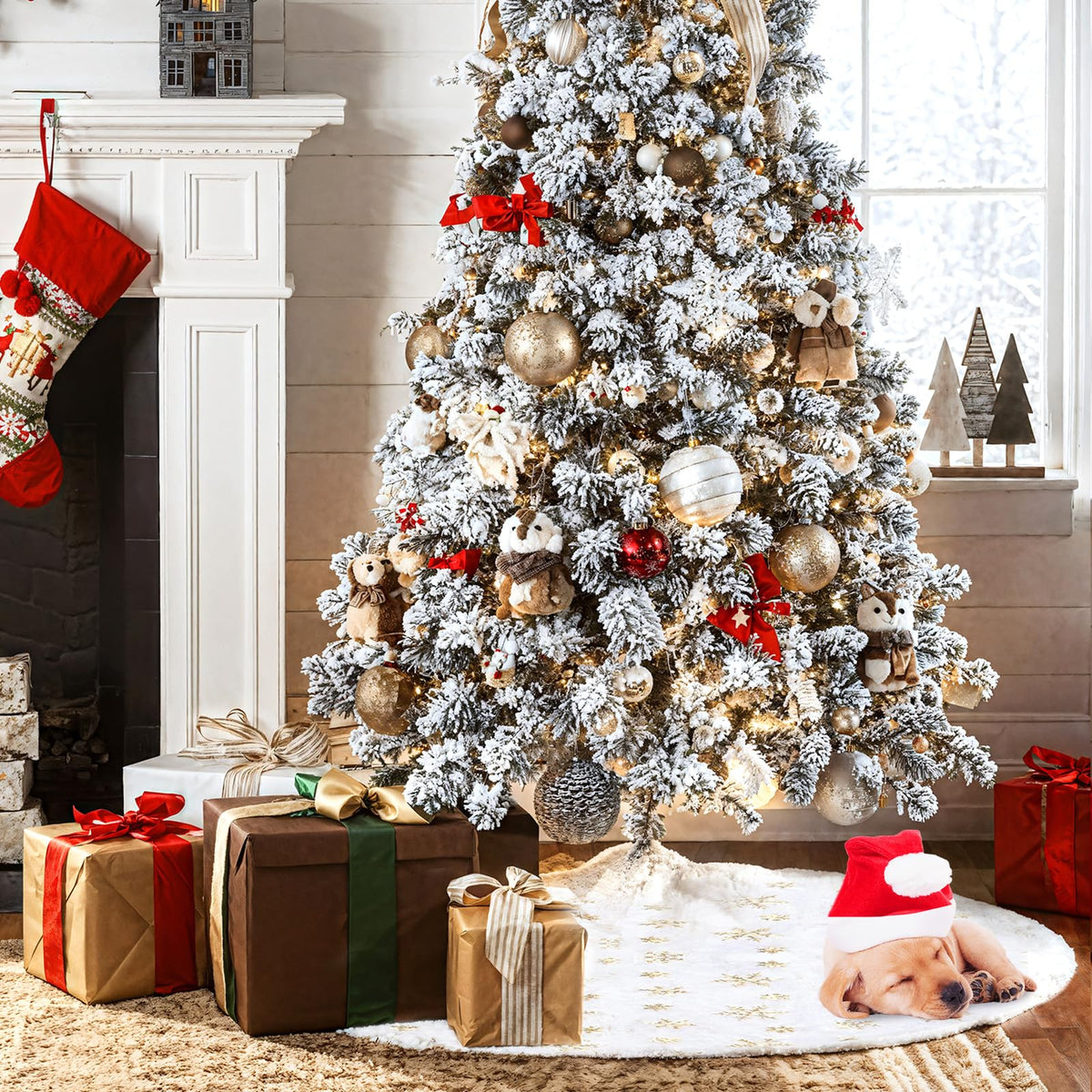 Christmas Tree Skirt 36 Inch, Holiday Part Decorations for Christmas Tree, Whit Plush Gold Sequin Snowflake Tree Shirt for Xmas