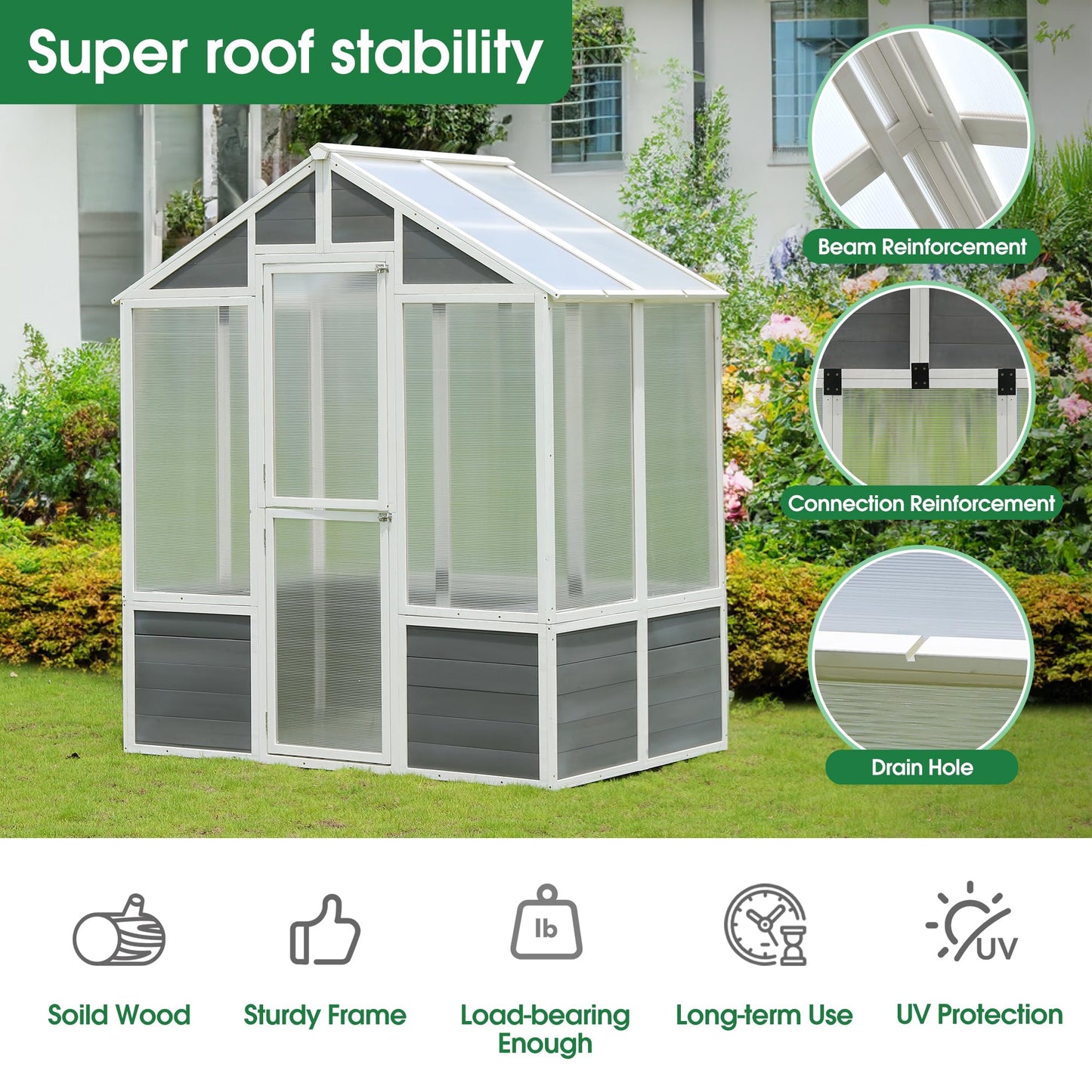 YOPTO Polycarbonate Greenhouse, Outdoor Walk-in Hobby Green House for Patio Backyard Lawn, Wooden Greenhouse Garden Shed for Plants, Grow House with Front Entry Door (76x48x86 in)