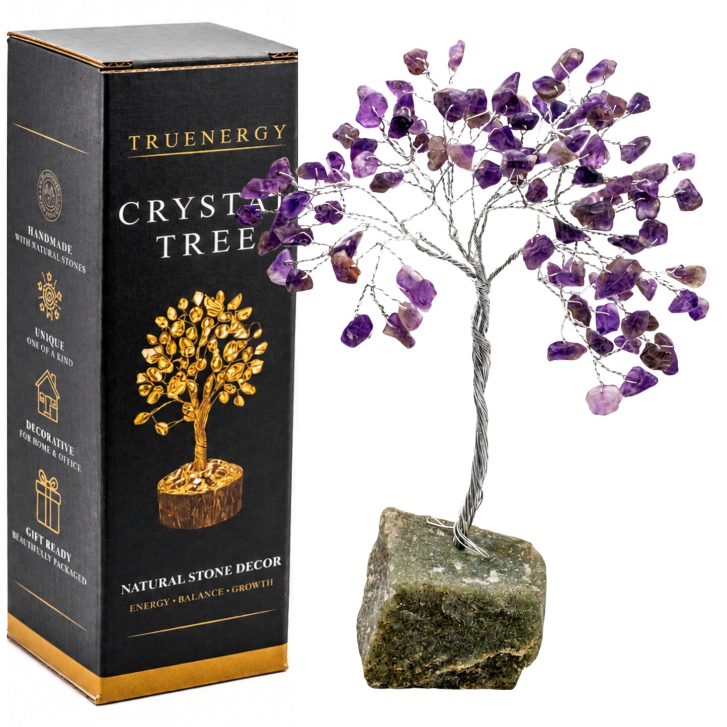 TRUENERGY Amethyst Crystal Tree – 100 Natural Stone Chips on Genuine Rock Base | 7" Handcrafted Wire Tree for Home Decor, Reiki Healing & Meditation | Calm the Mind, Elevate the Spirit | Unique Gift