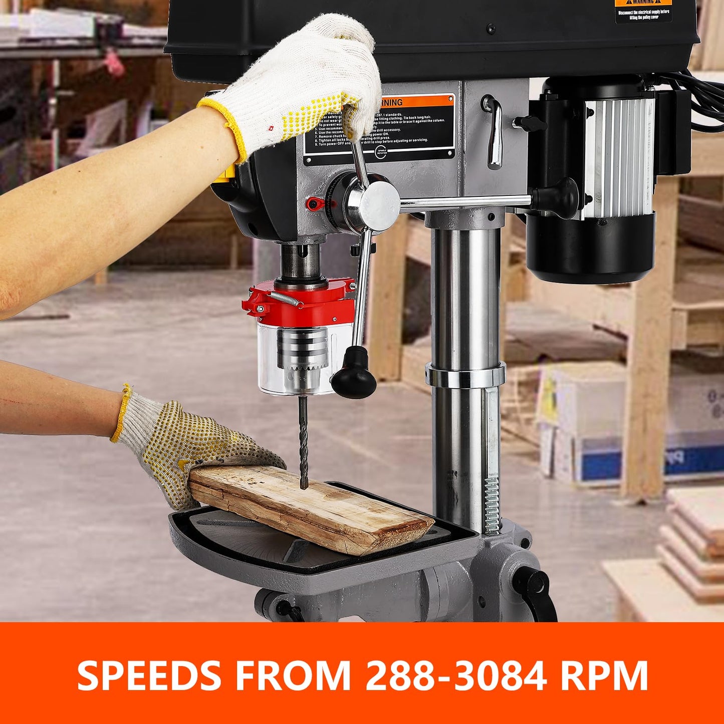 13 in Floor Drill Press, 7.5 Amp 120V Pure Copper Motor, 288-3084 RPM Variable Speed Cast Iron Bench Drill Press, 0-45° Tilting Worktable, Tabletop Drilling Machine for Wood Metal