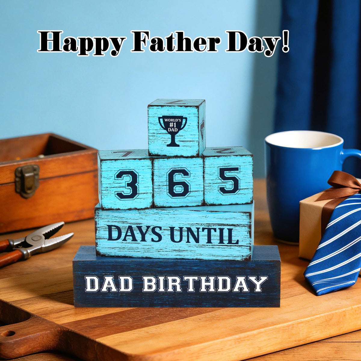 365 Days Dad Birthday Countdown Wooden Tiered Tray Decor, Father Day Decorations Gifts for Home, Daddy Papa Pop Grandpa Table Centerpiece for Office Kitchen Office