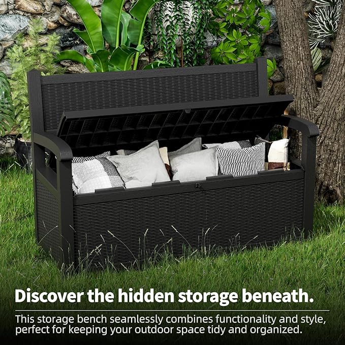 80 Gallon Outdoor Storage Bench Deck Box Waterproof Lockable,Outdoor Storage Furniture for Patio,Garden and Porch,Tools and Cushions（ Black）