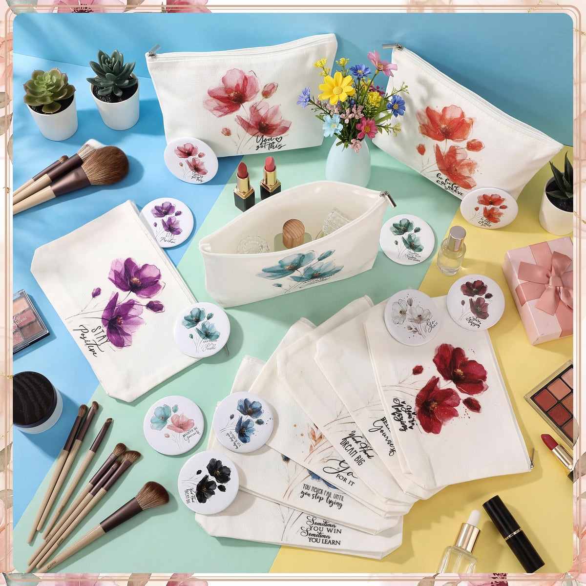 Sieral 20 Pcs Inspirational Appreciation Gifts for Women 10 Inspirational Canvas Makeup Bags 10 Compact Mirror Bulk Cosmetic Bags Portable Mirror Thank You Gifts for Coworkers Staff Friends