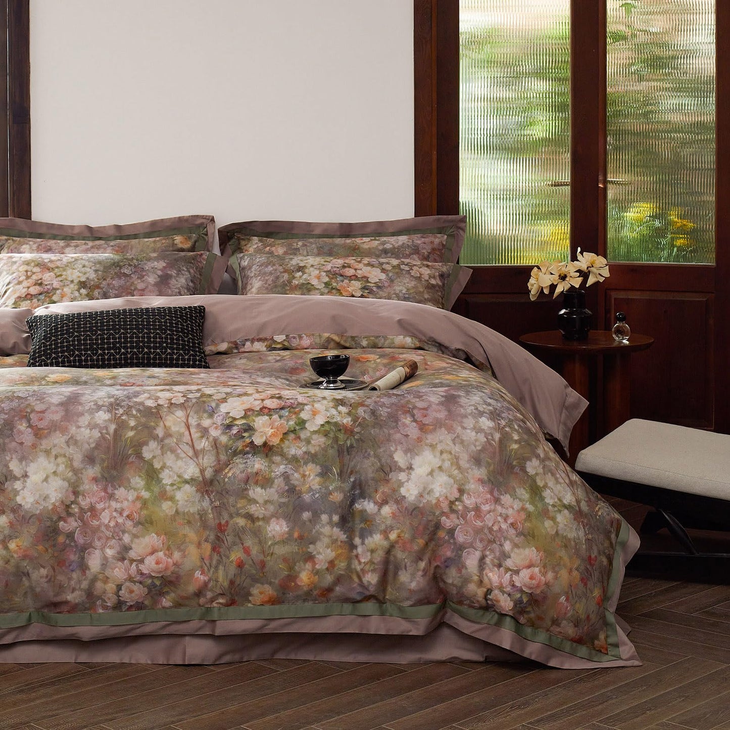 VM VOUGEMARKET Garden Flower Duvet Cover Set Queen,3 Pieces Pink Floral Duvet Cover with 2 Pillow Shams Smooth Silky Long Staple Cotton Bedding Set-Queen,90x90 Inch