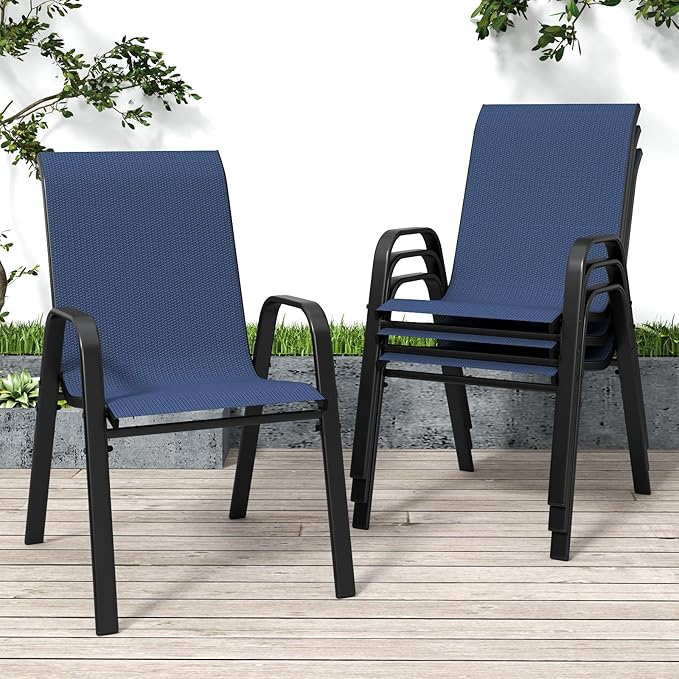 Patio Chairs, Stackable Outdoor Dining Chairs for All Weather Textilene Fabric & Metal Frame, Outdoor Chairs Set for Backyard Deck Garden (Dark Blue, Set of 4)