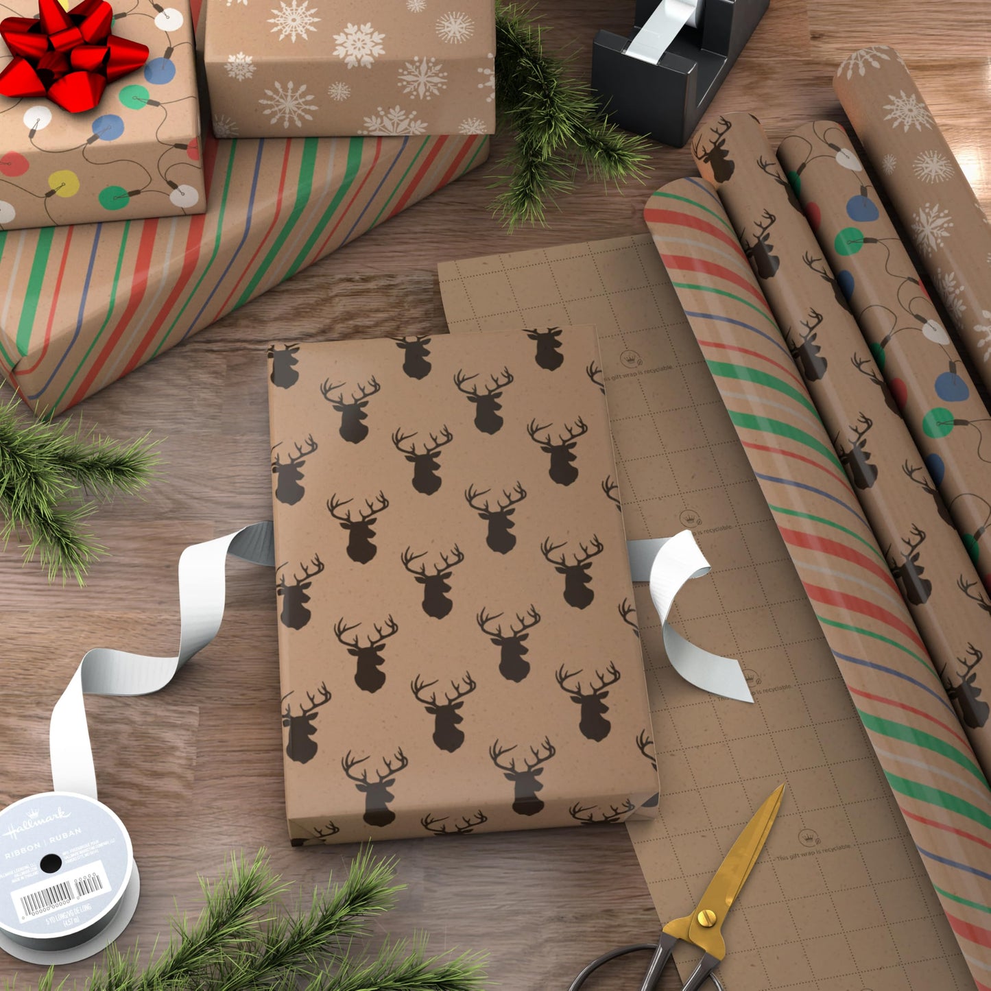 Hallmark Recyclable Christmas Wrapping Paper for Kids with Cut Lines on Reverse (4 Rolls: 88 sq. ft. ttl) Kraft Brown with Christmas Lights, Deer, Snowflakes, Red, Green, Blue Stripes (0005JXW1212)