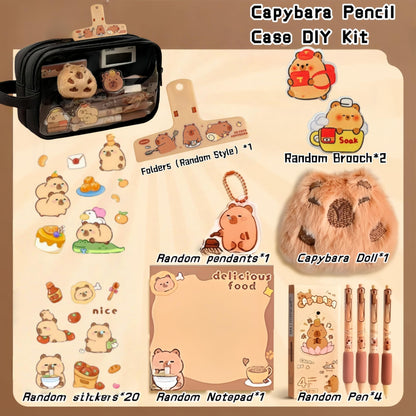 IN Chenthy Kawaii Capybara Pencil Case Kit with Plush +Notepad+Pendant+Stickers+Binder clips+Diary Clip+Pens, 5-Layer Large Capacity Capybara Stationery Set Gifts for Office, Makeup. (Black)