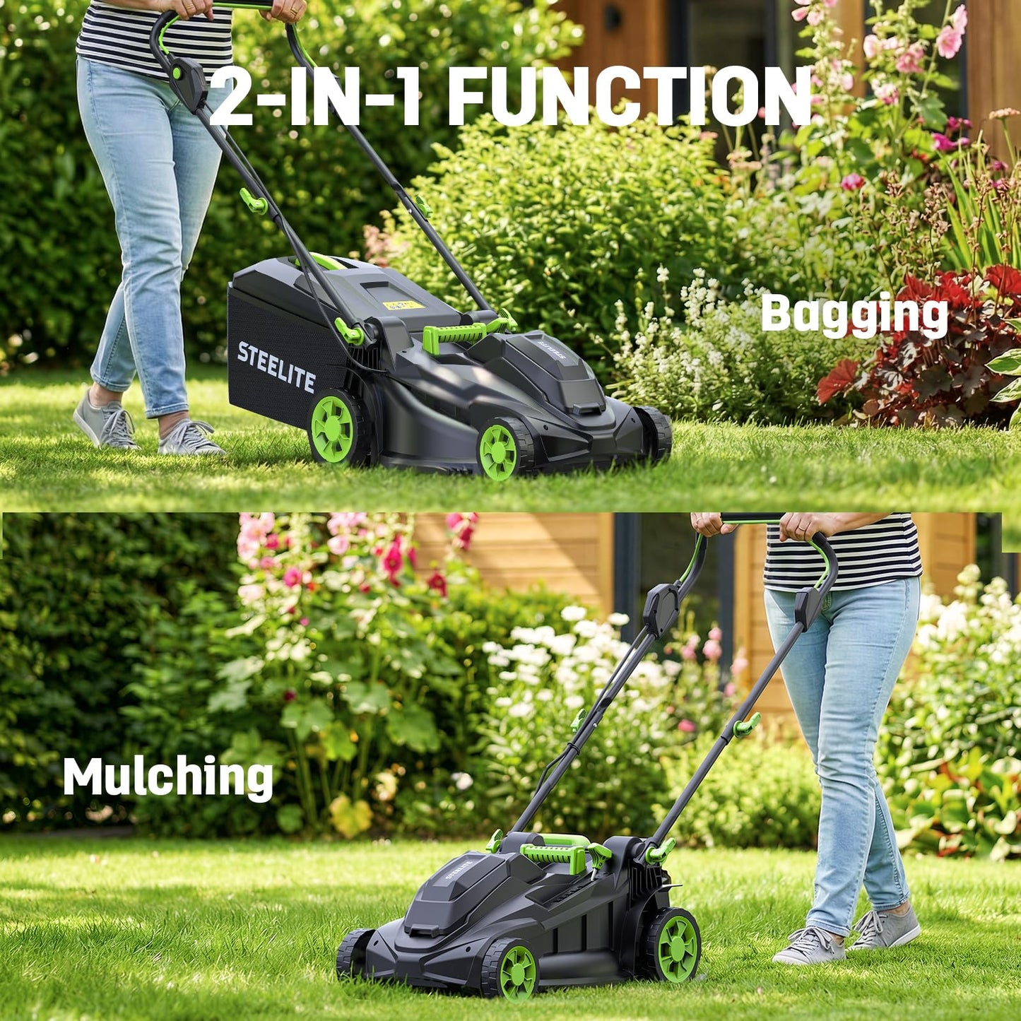 STEELITE 40V 17 Inch Electric Lawn Mower Cordless, Brushless Motor, 6-Position Height Adjustment, 2-in-1 Bagging & Mulching, Includes 2 x 4.0Ah Batteries and Battery Charger