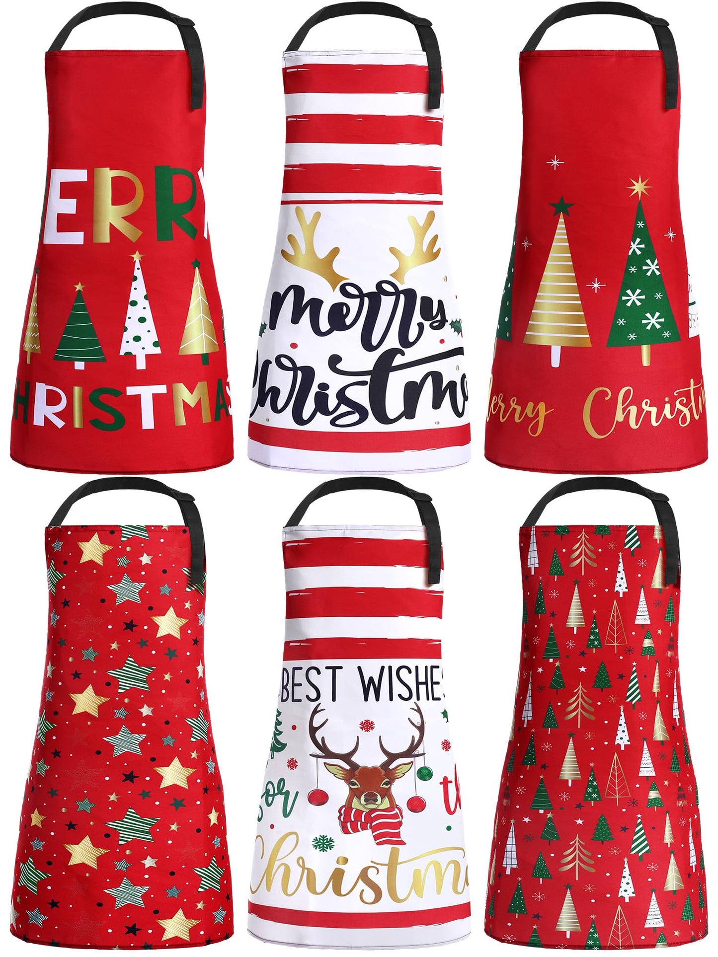 Bencailor 6 Pcs Christmas Aprons with Pockets Adjustable Xmas Kitchen Aprons Waterproof for Cooking Women Men (Xmas Tree,Red and White)