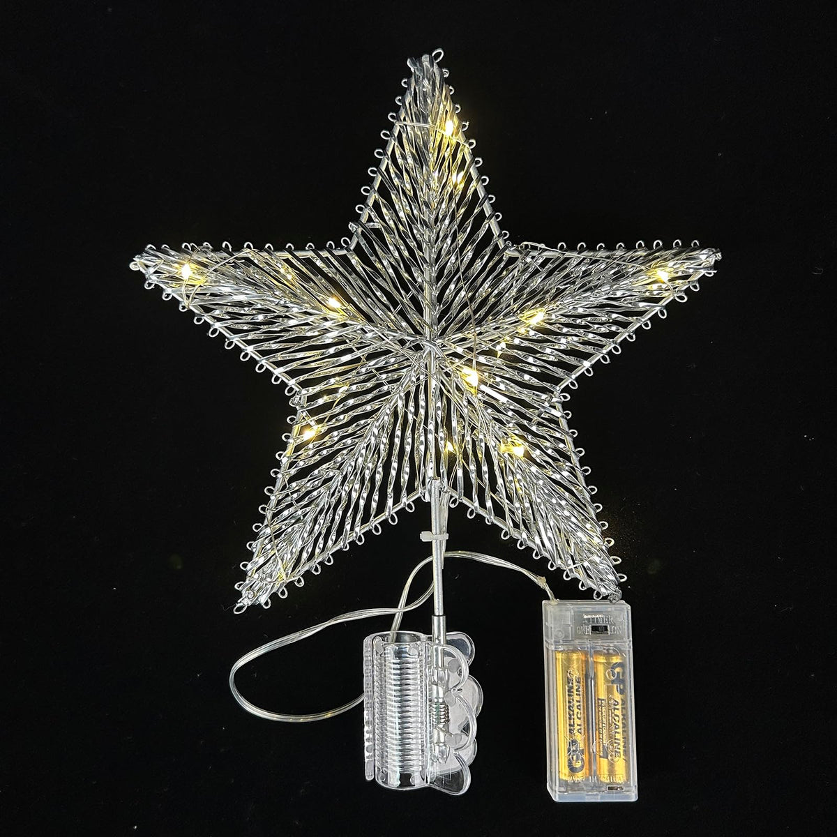 ZZZ TYLOO 11 Inch Silver Star Christmas Tree Topper, 15 LED Lighted, Metal Frame with Hand-Woven Shiny Silver PVC, Clip-On Base, Xmas Star Tree Decoration for Home