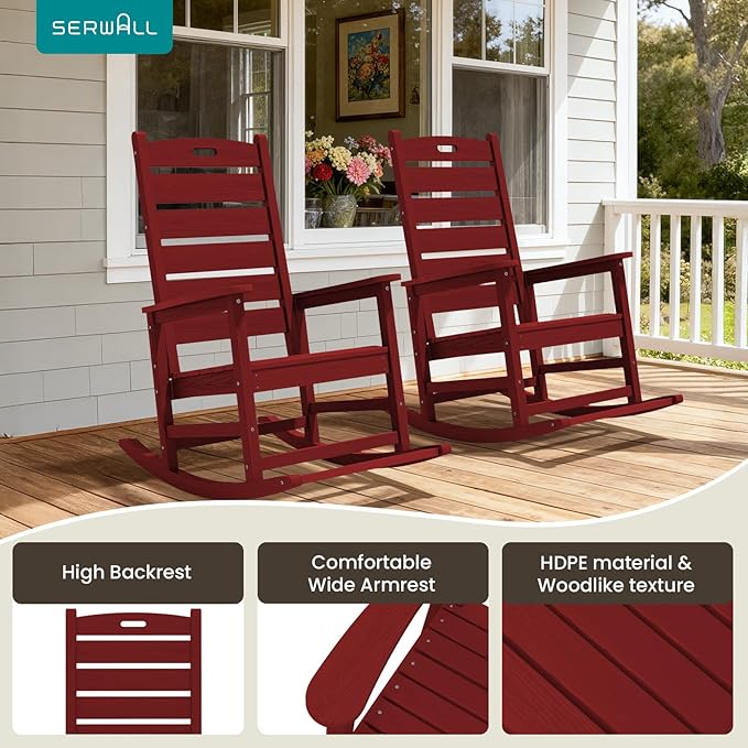 SERWALL Outdoor Rocking Chair Set of 2, Oversized Rocking Chair with Footboard for Adults, HDPE All Weather Resistant Rocking Chairs for Patio, 350lbs Weight Capacity,Red
