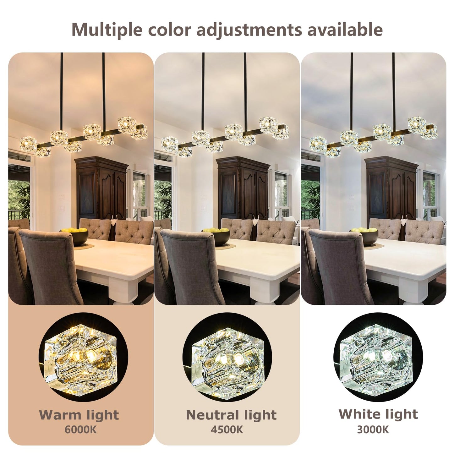 Krisosia Modern Black Crystal Chandelier, 8-Light Cube K9 Crystal Pendant Light with Adjustable Height, Farmhouse Dining Room Hanging Light for Kitchen Island, Living Room，Bedroom,Over Table