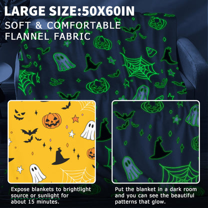 Halloween Blanket Glow in The Dark Spider Webs Pumpkin Ghost Bat Halloween Decorations Ultra Plush Soft Throw Blanket for Kids to Party Gifts Sofa Bed Living Room 50"X60"