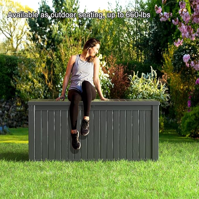 180 Gallon Resin Outdoor Deck Box Waterproof Patio Furniture, Garden Tools, Cushions, Pool Accessories Outside Storage (Black, 180 Gallon)