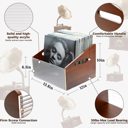 MinBoo Vinyl Record Storage Crate - Holds 80+ LP Albums, 12-Inch Record Organizer Box with Acrylic & Bamboo, Sturdy Wooden Cube for Home, Office - 13.7''L x 16.5''W x 10.2''H, Anti-Slip Base，Brown