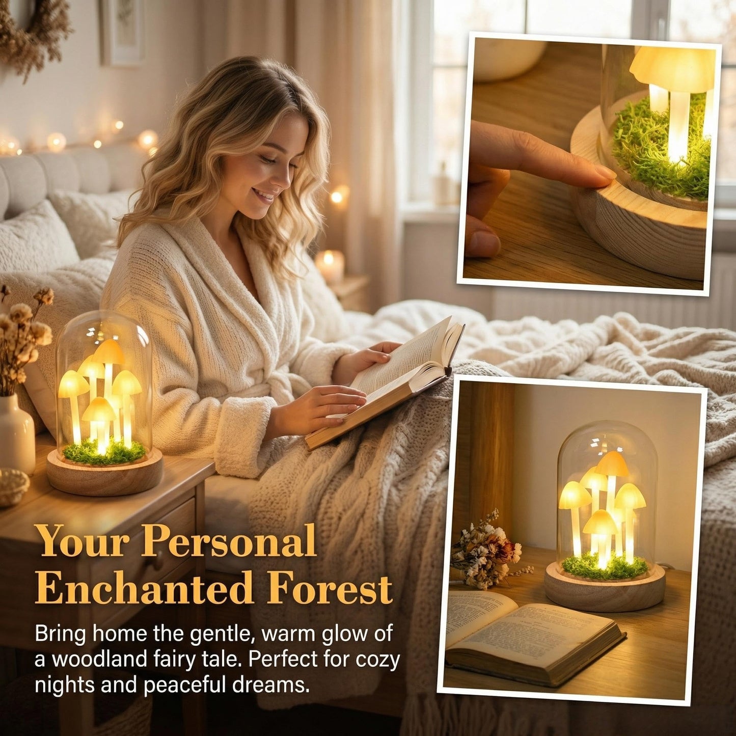 QUELIEN Mushroom Lamp in Glass Dome,Mushroom Gifts for Women - Warm White LED Night Light for Bedroom Decor,Birthday Party Decorations,Ideal Birthday Gift Valentines Gift