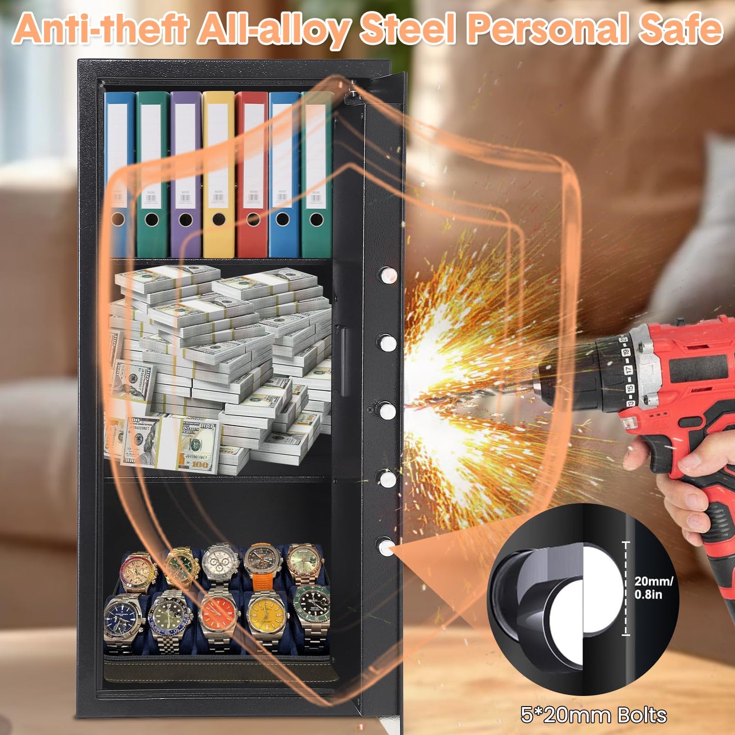 Garvee Heavy-Duty Steel Safe Box with Dual Key & Digital Lock, Fireproof & Water Resistant Security Safe for Home/Office, Wall Mountable Money Safe for Cash, Jewelry, Passports - Multi Size 10" to 31"