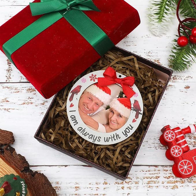 Blulu 24 Pieces Christmas Red Cardinal Picture Frames Ornaments - Wooden Photo Ornaments 'I Am Always with You' for Xmas Tree Decoration - Sympathy Memorial Gifts