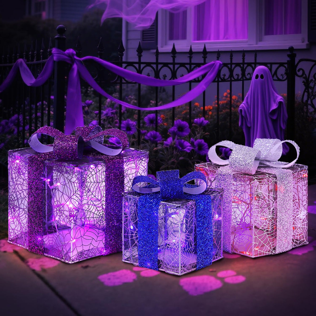DomKom Set of 3 Halloween Christmas Lighted Gift Boxes Decorations, Plug-in 60 LEDs Metal Frame Present Box, Light Up Xmas Tree Skirt Ornament Decor for Yard Patio Lawn Party