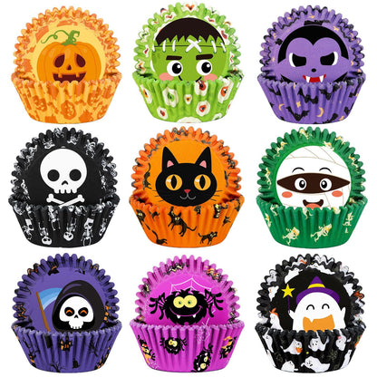SANNIX 450pcs Halloween Cupcake Liners, Ghost Pumpkin Spider Baking Cups Cupcake Wrappers Paper Wraps Muffin Liners for Halloween Party Candy Cupcake Decorations Supplies(9 Designs)