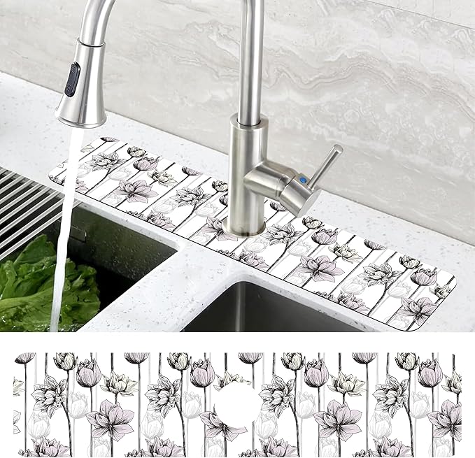 Water Lily Flower Kitchen Sink Splash Guard Mat Absorbent Fast Drying Mat