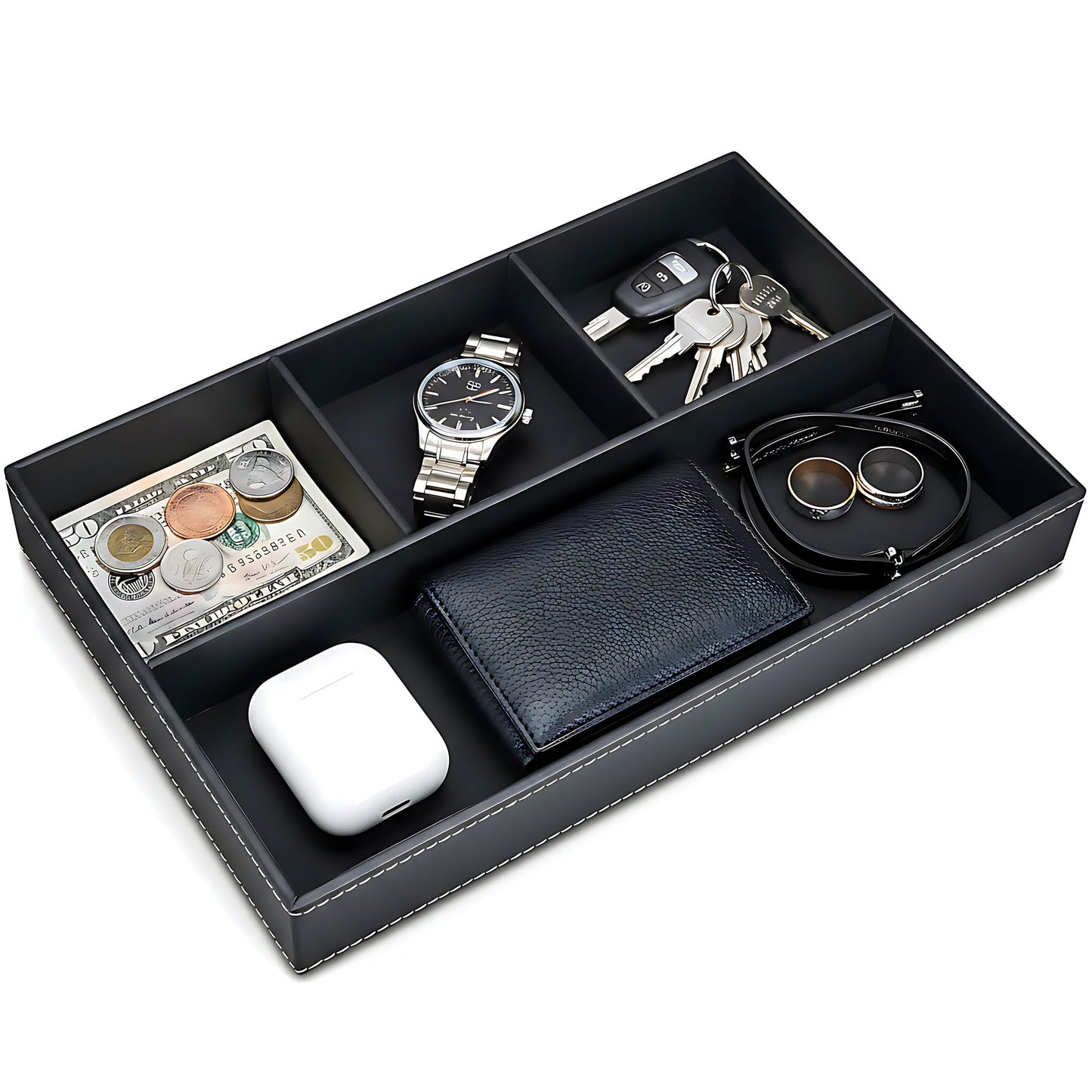 AUMISKY Leather Valet Tray Organizer, Stackable Nightstand & Dresser Storage Tray, Entryway Desk Catchall Tray for Keys Wallet Watch Phone, Bedside Desktop PU Leather Drawer Caddy Tray - Black