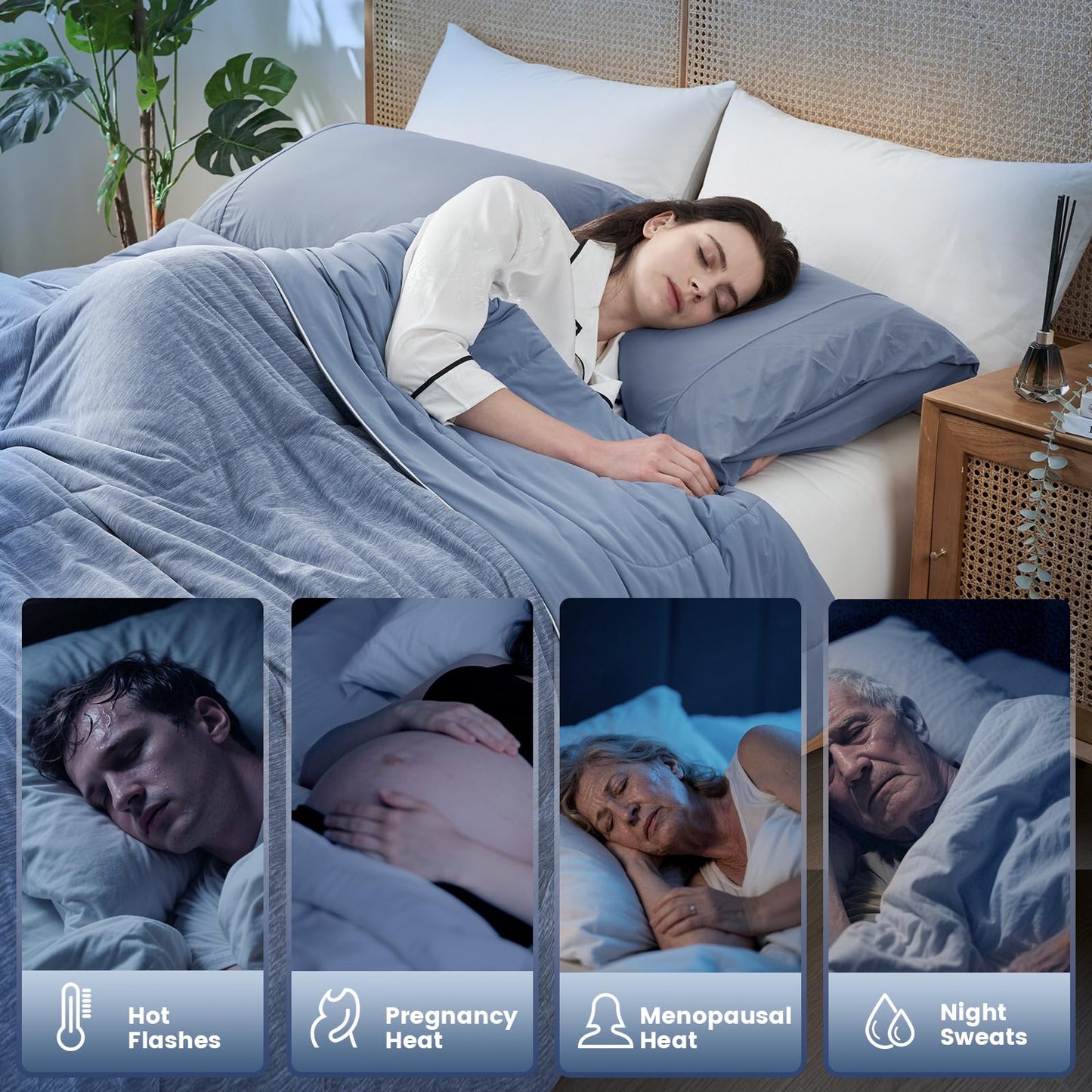 Amélie Home Cooling Comforter Queen Size, Dual-Sided Lightweight Cooling Blanket for Hot Sleepers, Q-Max 0.43 Breathable Cooling Quilt for Night Sweats, 90" x 90", Heather Denim Blue