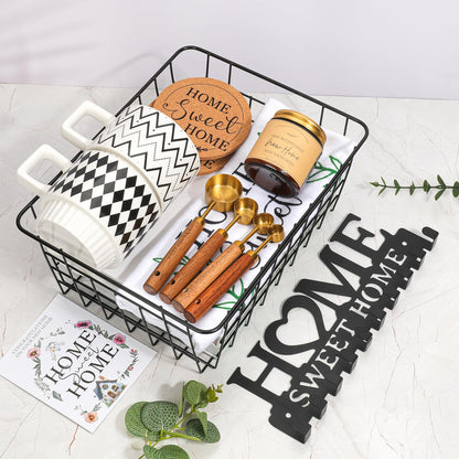 StoFurry Housewarming Gift Basket for New Home | 13 Pcs Kitchen Essentials Set with Ceramic Mugs, Measuring Spoons, Storage Basket | New Home Gift Ideas | Closing Gifts for Couples & Families