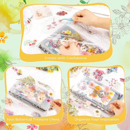 Alvian A4 Dried Flower Pressing Scrapbook Kit - 50pcs Floral Stickers & Transparent Pages for Pressed Flower Storage, Organizing, Resin Art & Scrapbooking - Ideal Gift for Gardeners, Plant Lovers