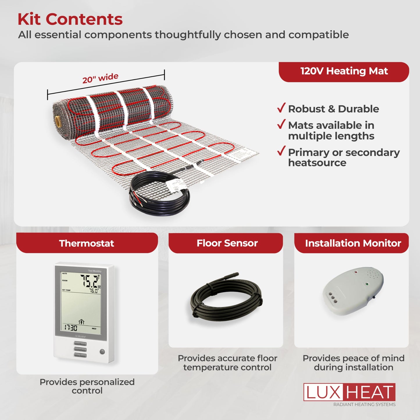 LuxHeat 40sqft Floor Heating Mat Kit – 120v Electric Radiant Floor Heat Kit – Heated Flooring System for Tile & Laminate - Includes UDG Programmable Thermostat w/GFCI, Alarm & Sensor