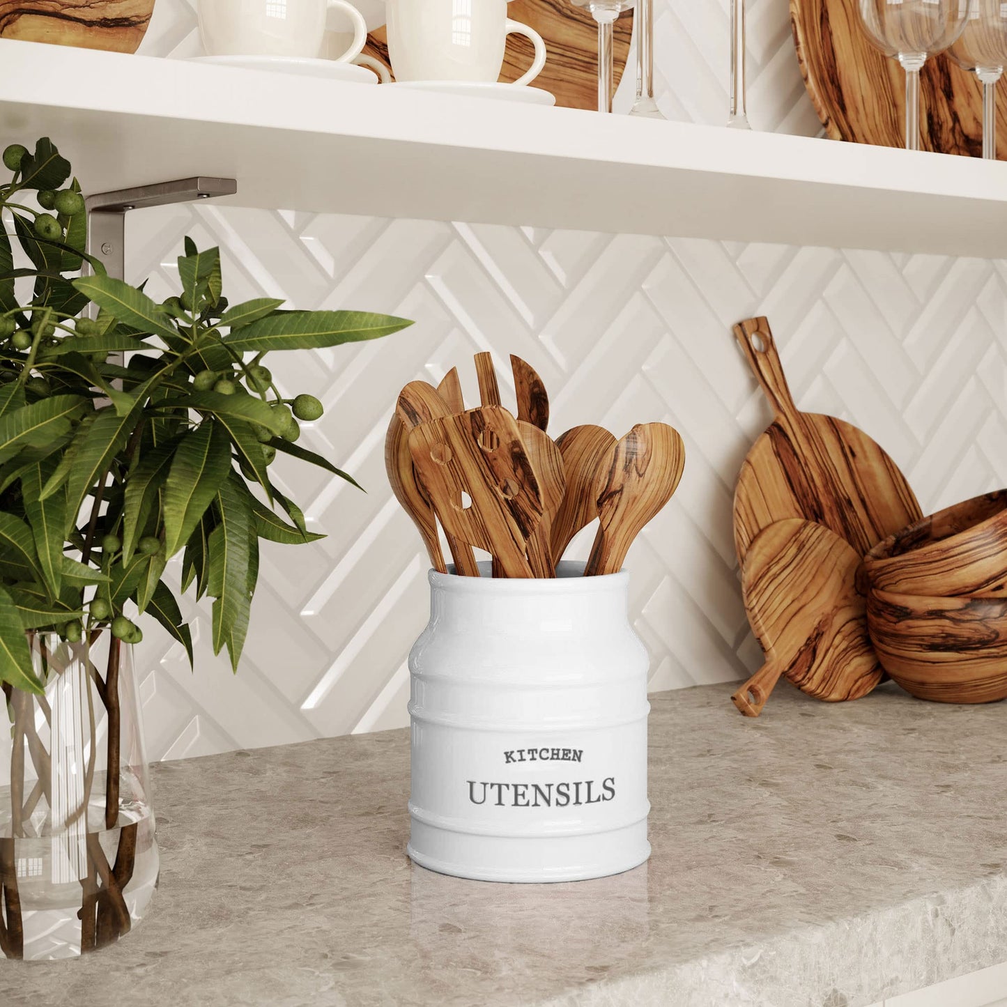 Barnyard Designs Ceramic Farmhouse Utensil Holder for Kitchen Counter, Large Rustic Utensil Crock, Countertop Cooking Tool Spatula Organizer, 6.75” (White)