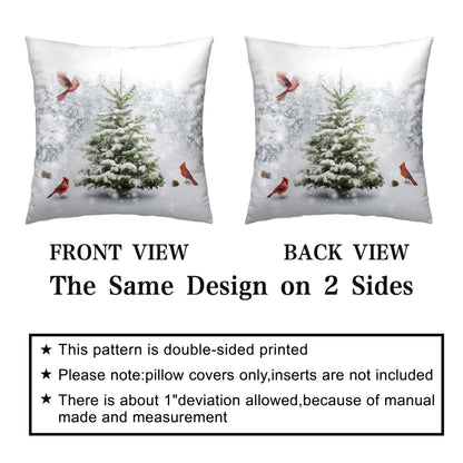 Kwlegh Winter Throw Pillow Covers 18X18 Snowy Natural Forest Decorative Pillow Case Set of 2 Green Pine Tree with Cardinal Birds Cushion Case for Couch Living Room Patio