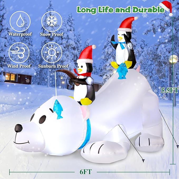 6FT Christmas Inflatable Polar Bear with Penguins Outdoor Decorations, Blow up 2 Penguins Fishing on Big Polar Bear with Bright LED Lights for Xmas Decor Outside Indoor Yard Garden Lawn Holiday Party