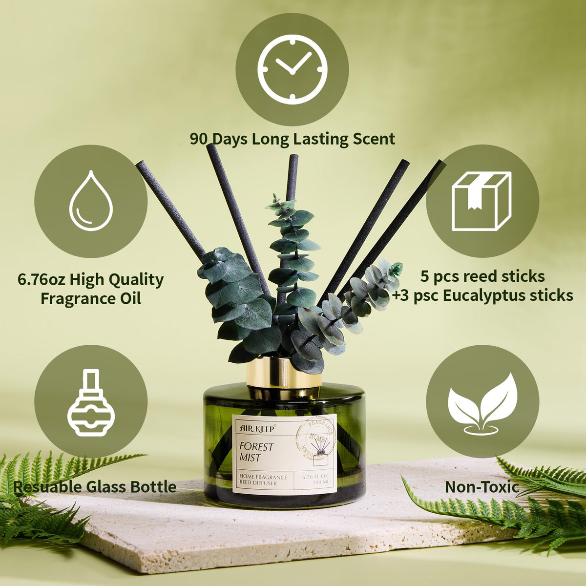 Airkeep Reed Diffuser Set with 6.76 fl oz Forest Mist Scent Essential Oils and 3 Leaves & 8 Diffuser Sticks,Bathroom Shelf Decor & Air Freshener, House Bedroom Office Decor & Gifts