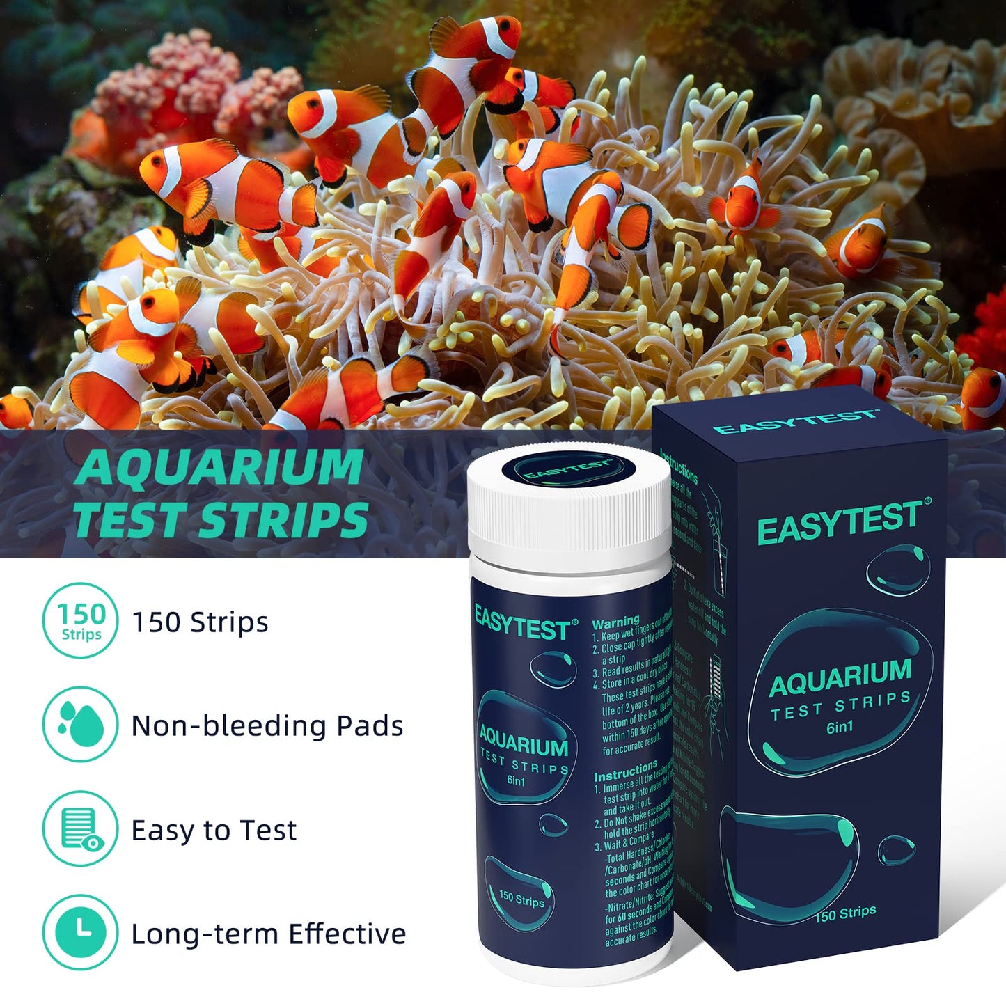 EASYTEST 6 in 1 Aquarium Test Strips, 150 Strip Pack Aquarium Water Test Kit for Freshwater, Fish Tank, Fish Pond, Accurate Testing Total Hardness, Carbonate Nitrate, Nitrite, Cl2, pH