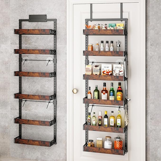 bukfen Over the Door Pantry Organizer, 6-Tier Adjustable Wooden Basket Kitchen