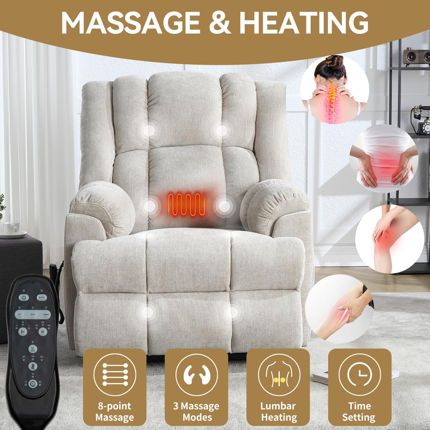 KEIKI Oversized Dual Motor Power Lift Recliner Chair for Elderly, Chenille Upholstery Breathable Rocking Chair with Back Massager and Heated, Living Room Lounge and Family Comfort, Beige