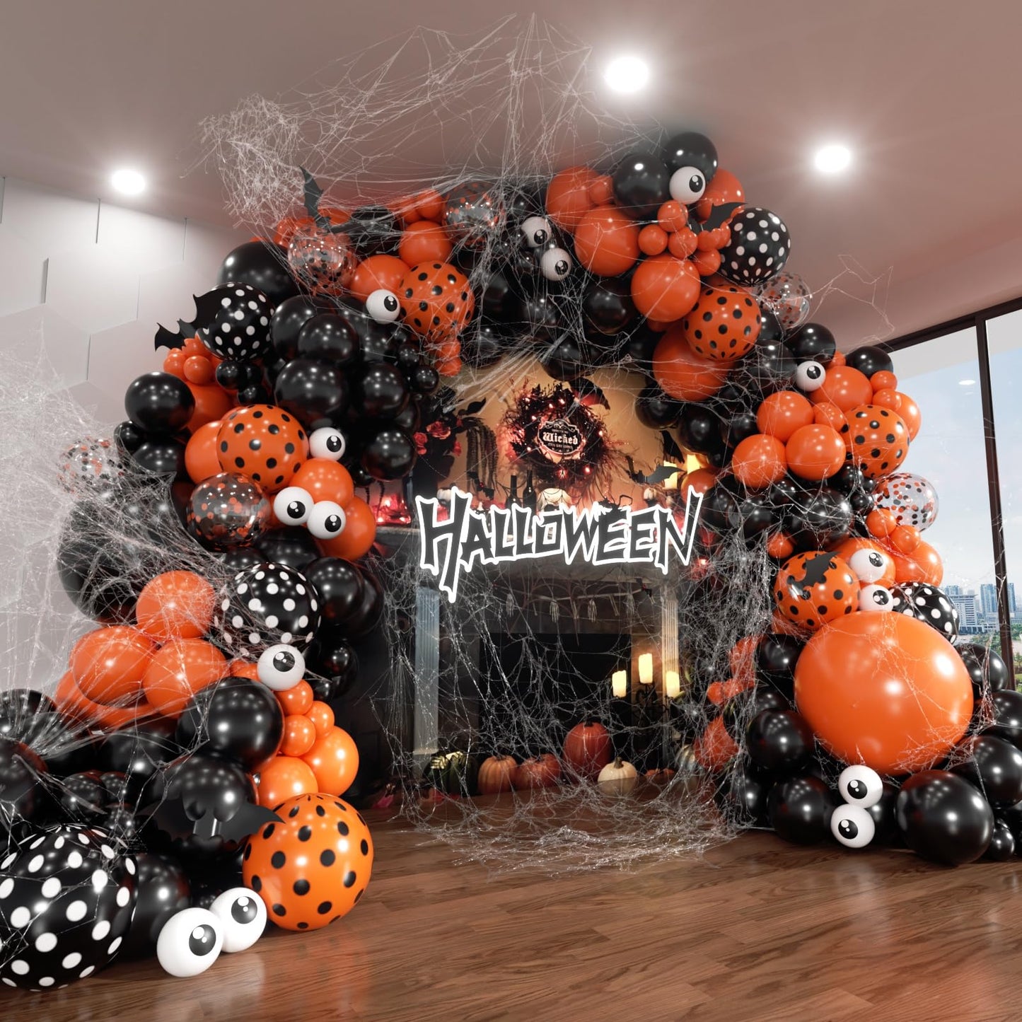 ADOINBY Halloween Balloon Garland Arch Kit, 144Pcs Different Sizes inch Black and Orange Eye Confetti Balloons Party Balloon Garland Kit for Halloween Day Theme Haunted House Party Decoration Supplies