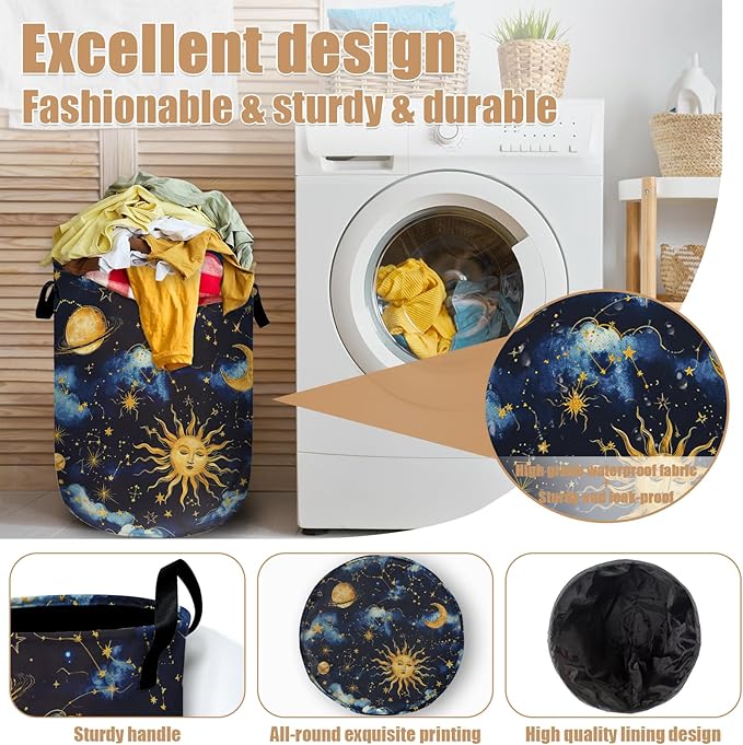Sun Moon Laundry Basket, Foldable Cloudy Starry Night Laundry Hamper Tote Bag