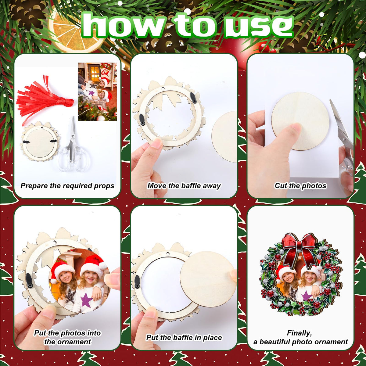Yalikop 16 Pcs Christmas Photo Frame Ornaments Wooden Nutcrackers Santa Snowman Snowflake Picture Frame Tree Decoration DIY Photo Keepsakes for Xmas Party Decorations Winter (Wreath)