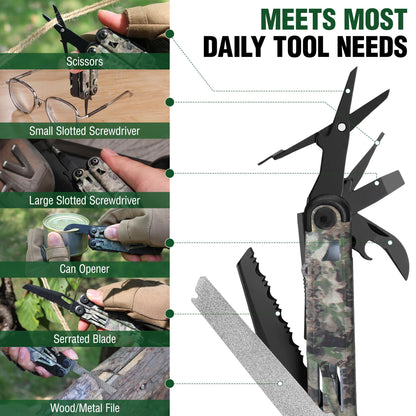 FLISSA Multitool, 15-in-1 Multi Tool Pocket Knife with Sheath, Stainless Steel EDC Multitool Pliers for Men, Camo All-in-One Tools for Camping, Fishing, Survival