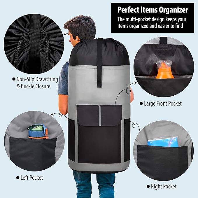 BeeGreen Grey-Black-Laundry-Bag-Backpack-Extra-Large-Heavy-Duty, 125L Portable