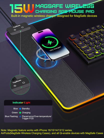 TopMade Mouse Pad with Wireless Charging, 31.5" x 15.75" Large Desk Mat RGB Gaming Mousepad, LED Desk Pad Keyboard Pad with Ultra-Smooth Surface & Non-Slip Rubber Base, Waterproof Desk Pad